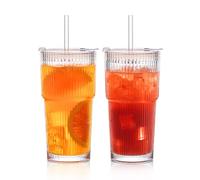 HQAYHSZD 2 pezzi da 600 ml ribbed with Lid and Straw, Leak-proof, Coffee, Iced Coffee, with Straw and Lid for Iced Coffee, Cocktail, Tè, Smoothie