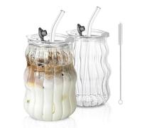 HQAYHSZD Coffee Cup, 530 ml Ribbed with Lid and Straw - Unique Iced Coffee Cup, Ideal Wave Shaped Cup with Straw, Bubble Aesthetic, Clear Ribbed (2 pezzi)