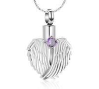 HQHYGM Collana con urna crematoria per Ceneri con Ali di intarsiate, Ciondolo commemorativo a Forma di Cuore, in Acciaio Inossidabile 316L, Gioielli ricordo, Pietra Viola