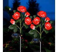 Hqynss Luci solari a forma di rosa per esterni, confezione da 2 pezzi, IP65, impermeabili, luci a LED, 5 rose rosse vivaci, ornamenti decorativi ad energia solare per patio, cortile, sentiero