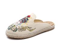 HRGKLMN Espadrilles pour Femmes, Chaussures d'été pour Femmes avec Broderie de Visage, Chaussures Bateau confortables Clogs avec Semelle en Jute, Chaussures de loisirs faciles,Beige,35.5 EU
