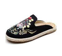 HRGKLMN Espadrilles pour Femmes, Chaussures d'été pour Femmes avec Broderie de Visage, Chaussures Bateau confortables Clogs avec Semelle en Jute, Chaussures de loisirs faciles,Nero,35.5 EU