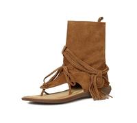 HRGKLMN Infradito da Donna Sandali con Fascia tra Le Dita in Stile Boho, Stivaletti da Donna con Frange 18 cm di Gambale, Sandali retrò Morbidi per Passeggiate quotidiane e Vacanze,Braun,39 EU
