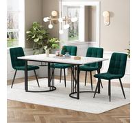 hrijusdif Essgruppe (5-tlg),Esstisch mit 4 Stühlen Set, Moderner Küchentisch Set, 140 × 80 cm Küchentisch mit Schwarz Metallbeinen, MDF Tischplatte in Weißer,Dunkelgrün Samt Esszimmerstühle