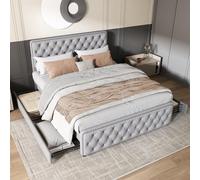 hrijusdif Lit rembourré 140 x 190 cm, lit Double Avec Quatre tiroirs, tête de lit réglable en Hauteur, tirettes et Rivets à la tête et aux Pieds, sommier à Lattes en Bois, lin,Gris Clair