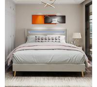 hrijusdif Modern Minimalist Upholstered Bed with Soft Backlit Headboard, 140 x 200 cm, Beige, Multifunctional Bedroom Furniture, Low Profile Non-Storage Base (No Gas Lift), Mattress Not Included.