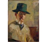 HRJUBWREE Dipinti Famosi Nordico Pittura Tela Immaginie Autoritratto con cappello alto e sigaretta di Hermann Stenner Per la Decorazione della Camera da Letto 60x90cm