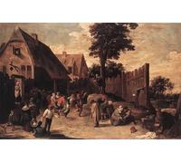 HRJUBWREE Dipinti Famosi Stampe d'Arte Mural Dipinto Contadini che ballano fuori da una locanda David il Giovane Teniers Per la Decorazione del Soggiorno 60x90cm