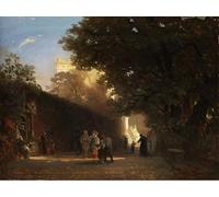 HRJUBWREE Dipinto su Tela Classico Quadri su Tela Stampe Pittura Villa italiana e parco con società elegante e sacerdoti di Oswald Achenbach Per la Decorazione dell'ufficio 60x90cm
