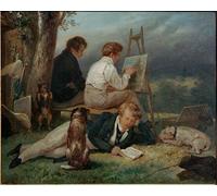 HRJUBWREE Famoso Pittura Astratta Poster Manifesti Quadri Arte i tre fratelli Scheffer in un paesaggio di Ary Scheffer Per la Decorazione Domestica 60x90cm