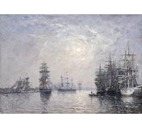HRJUBWREE Famoso Pittura Astratta Poster Manifesti Quadri Arte Le Havre Eure Basin Barche a vela al tramonto di Eugene Louis Boudin Per la Decorazione Domestica 60x90cm