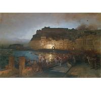 HRJUBWREE Riproduzione Dipinto Stampa Immagine Pittura su Tela Vintage Fuochi d'artificio a Napoli di Oswald Achenbach Per la Decorazione Murale 60x90cm