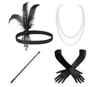 Hrlace Set di accessori da donna "Gran Gatsby anni '20, accessori a tema anni '20, accessori per Halloween, con fascia a piuma, copricapo, guanti lunghi, perle artificiali, collana orecchini 8#