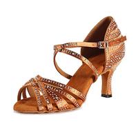 HROYL Donna & Bambina Scarpe da Ballo con Strass Latino Salsa Scarpe da Ballo Donna con Brillantini,Marrone IT-L377-6,EU 39