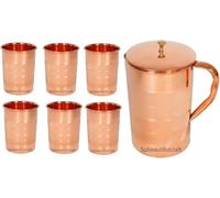 HRS India - Brocca per acqua in rame puro, coperchio con pomello in ottone, 1500 ml, con 6 bicchieri d'acqua in rame, 300 ml, Silvertouch, benefici per la salute