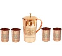 HRS India - Caraffa per acqua in puro rame, 1500 ml, finitura floreale in rilievo, con 4 bicchieri in rame, 300 ml, benefici per la salute dell'Ayurveda