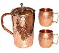 HRS India Puro Rame Martellato Brocca Acqua 1500ML con 2 Moscow Mule Tazze 500ML Rame Acqua Dinking Set Ayurveda Benefici per la salute