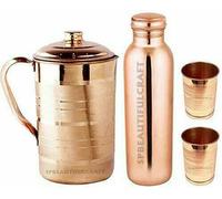 HRS India - Set di 4 bottiglie d'acqua in rame puro, 900 ml, brocca in rame da 1500 ml, 2 bicchieri da 300 ml, set completo di 4