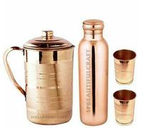 HRS India - Set per bere acqua in puro rame con borraccia da 900 ml, brocca da 1500 ml e 2 bicchieri da 300 ml ciascuno, set completo di 4