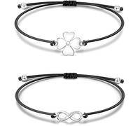 HSAJS 2 Pezzi Braccialetto Cordino Regolabile Quadrifoglio Simbolo Infinito Ciondolo Cristallo Argento Gioielli Donna