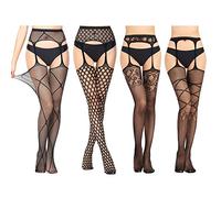 HSAJS 4 Paia Calze a Rete,Calze per Reggicalze da Donna,Sexy Moda Elastico Vita Alta Collant,Collant Donna Elastici in Pizzo,Calze a Rete Altezza Coscia con Banda Superiore (2)
