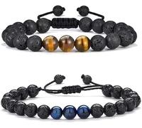 HSAJS Bracciale Perline Naturali Regolabile Intrecciato Cordoncino Nero Pietra Preziosa Rotonda 8mm Gioiello Unisex Elegante