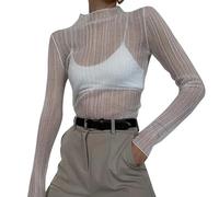 HSAJS Maglietta Donna Camicette Manica Lunga Maglie in Rete Sexy Mesh Tops Collo Alto Bianco Slim Fit Camicia Tunica Bluse Clubwear T-Shirt in Tulle
