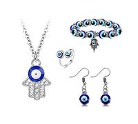HSAJS Malocchio Collane Bracciali Set per Donna Uomo Turco Blue Eye Pendente Orecchino Hamsa di Fatima Protezione Bracciale Collana Portafortuna Parure Gioielli Occhio di Allah Anello