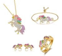 HSAJS Set Gioielli Unicorno Magico Collana Bracciale Anello Orecchini Cristalli Colorati Bambina Ragazza Accessori Eleganti