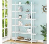 HSH 6 Tier Tall White Bookshelf, Industrial Modern Vertical Metal and Wood White Bookcases 6 Shelf,Farmhouse Open Large Storage Book Shelves & Display Book Shelf for Bedroom Living Room Office