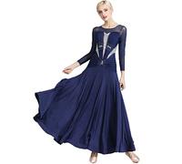 HSJFS Abiti da Ballo da Sala a Maniche Lunghe per Donna Costume da Valzer Tango Abito da Competizione Moderna di Salsa Gonne a Trapezio,Dark Blue,M