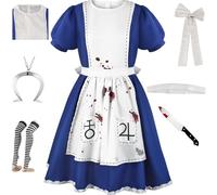 HSJZBQSM Madness Returns Cosplay Costume Vestito Blu e Bianco con Collana Prop Coltello Costume da Cameriera Festa di Halloween (Alice-B, XS)