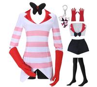 HSJZBQSM Set Cosplay Angel Dust a Righe Rosa con Parrucca e Portachiavi Hazbin Anime Hotel Angel Dust Costume Halloween (Completo, M)