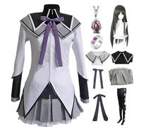 HSJZBQSM Set Cosplay di Magi Madoka Magica con Collana e Anello, Akemi Homura, Kyoko, Tomoe Mami, Miki Sayaka (Grigio+Parrucca, XL)