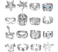 HSKRKOW 16 pezzi Anelli Uomo,Anello Teschio, Goth Punk Anello Uomo Acciaio Inossidabile,Regolabile,Argento Nero,Impilabile Stile Retrò, Con Teschio Punk Rock,Anello Da Uomo In Acciaio Inox(16Forma)