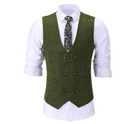HSLS Abito da uomo gilet tweed lana smoking doppiopetto panciotto scozzese per matrimonio(M, verde)