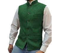 HSLS Gilet da uomo in lana a spina di pesce Gilet da lavoro in tweed con collo alto panciotto(L, Verde)