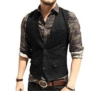 HSLS - Gilet da uomo in tweed a spina di pesce, con scollo a V, casual, da sposa - Nero - M