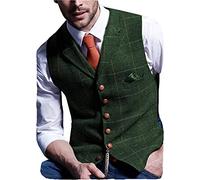 HSLS Gilet da uomo retrò Gilet di lana scozzese Gilet panciotto casual a spina di pesce in tweed per smoking(XXL, Verde)
