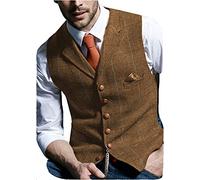 HSLS Gilet da uomo retrò Gilet di lana scozzese Gilet panciotto casual a spina di pesce in tweed per smoking(XL, Marrone)