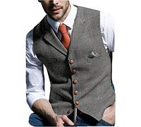 HSLS Gilet da uomo retrò Gilet di lana scozzese Gilet panciotto casual a spina di pesce in tweed per smoking(L, Grigio)