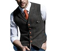 HSLS Gilet da uomo retrò Gilet di lana scozzese Gilet panciotto casual a spina di pesce in tweed per smoking(L, Nero)