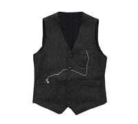 HSLS Gilet di lana da uomo a spina di pesce Gilet di lana Tweed Abito casual Gilet formale panciotto(L, Nero)