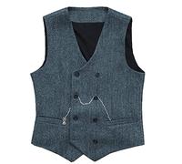 HSLS Gilet doppiopetto da uomo a spina di pesce con gilet in tweed in lana, Azzurro, XXXL