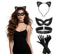 Hsrag Costume da gatto nero da donna, costume da catwoman con paillettes, maschera da gatto, orecchie girocollo, guanti lunghi con chiodi, accessori per travestimento per gatti di Halloween, 4 pezzi