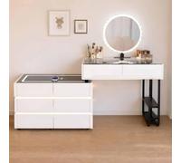 HSSTYLE Tavolo da toeletta intelligente con specchio LED, scrivania bianca per trucco con 6 cassetti, piano in vetro temperato, ricarica wireless e altoparlante Bluetooth per camera da letto