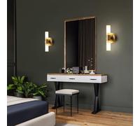 HSTBLEOO LED Linear Bathroom Wall Sconce Up Down Double Lamp Gold White Frosted Glass Brass Wall Mounted Light Long Bar Mid Century(4 Lights)