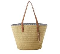 Hsthe Sea Borsa da spiaggia estiva in paglia, da donna, a tracolla, per shopping, artigianato, viaggi, con manici in pelle, nappa (marrone), Marrone, L