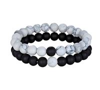 HstiaLving Bracciale in Pietre Naturali 2 Confezioni, Perline Bracciale Uomo Donna Regalo Set Nero Opaco Agata & White Howlite Braccialetto Regolabile Stretch 8 mm Mano Personalizzato Regali
