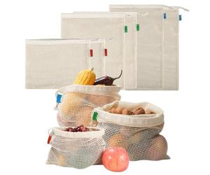 HSTWODE 6 sacchetti per frutta e verdura, a rete, riutilizzabili, in cotone, senza plastica, per la spesa, per la frutta, per il pane, lavabili, beige., 2×S+2×M+2×L, Modernità
